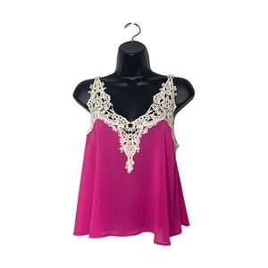 Vintage Womens Pink Crochet Trim Cami Tank Top Valentines Day Romantic Flowy Y2k